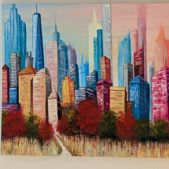 Original Colorful Acrylic Painting New York City Skyline From Central Park 30x24 - Picture 11 of 14